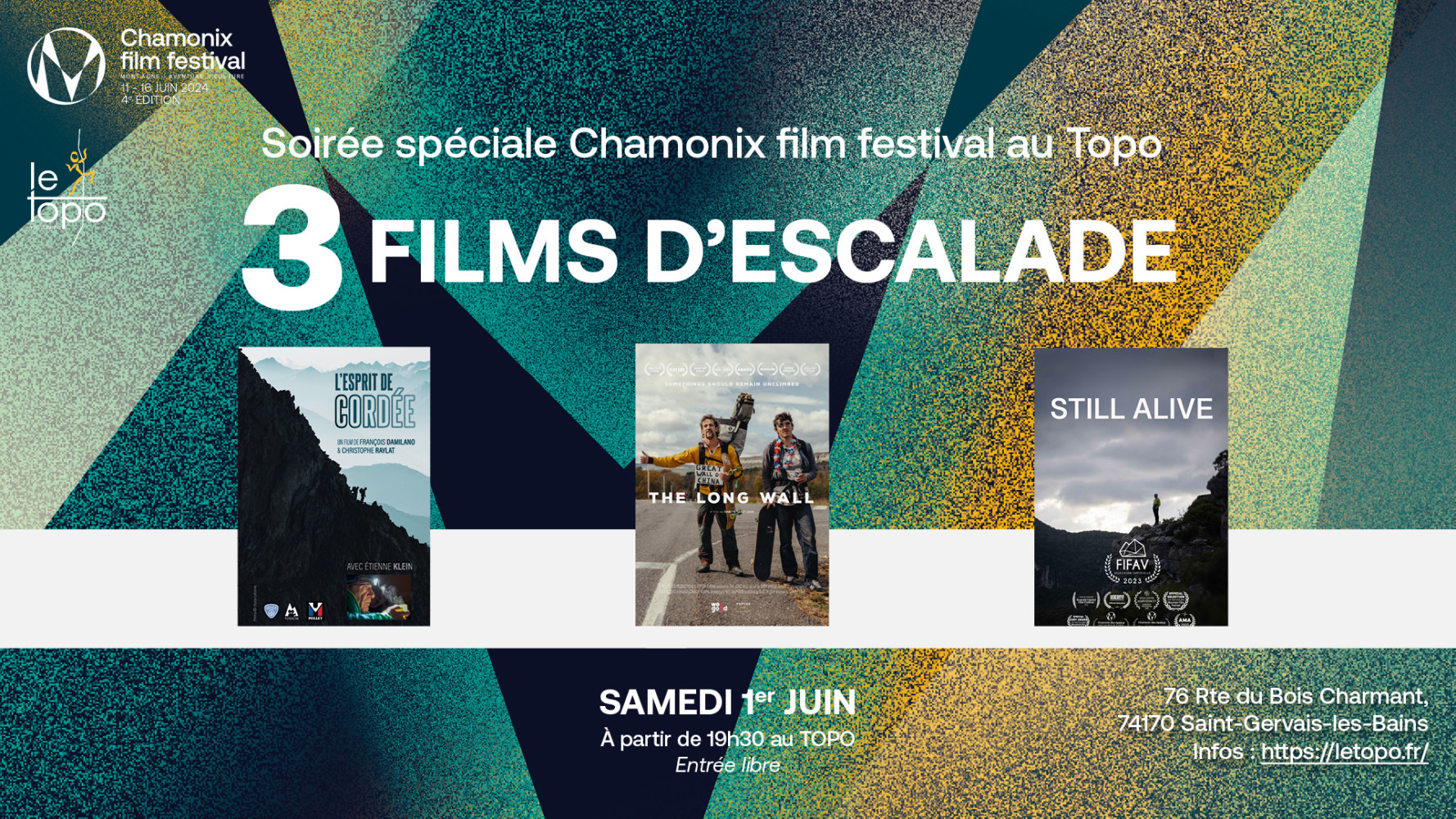🎥 Projection Chamonix Film Festival au Topo ce samedi 1er juin ! 🍿